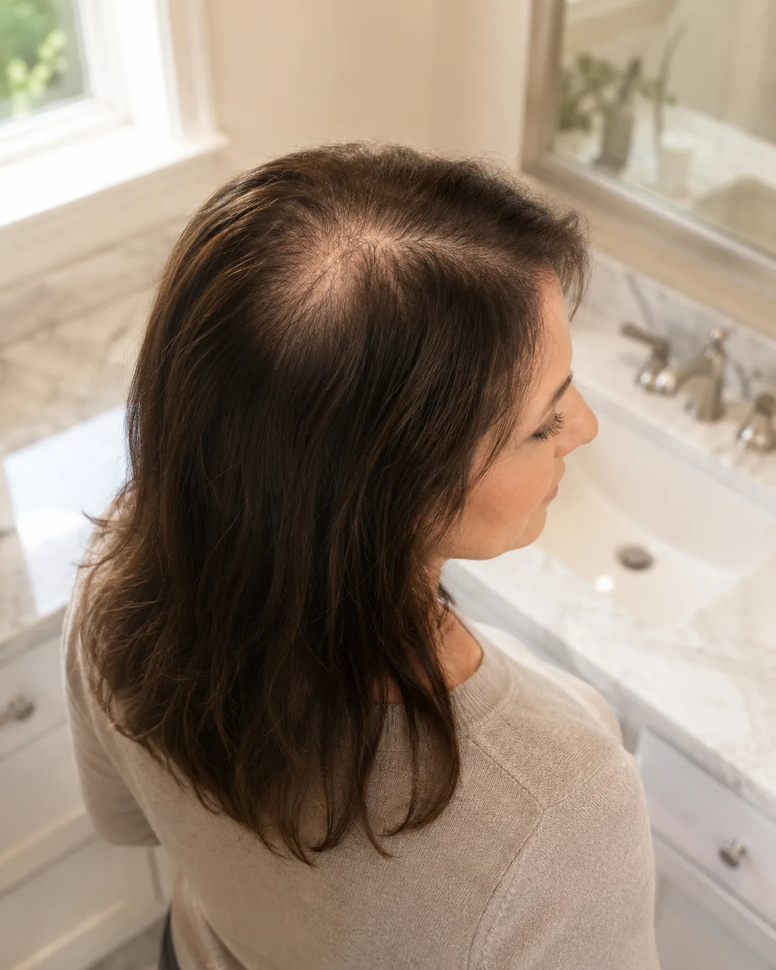 Visible scalp at the crown before covering a thinning crown in women with scalp powder