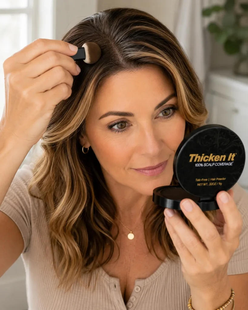 Woman doing a root touch up at home with Thicken It scalp powder along her part