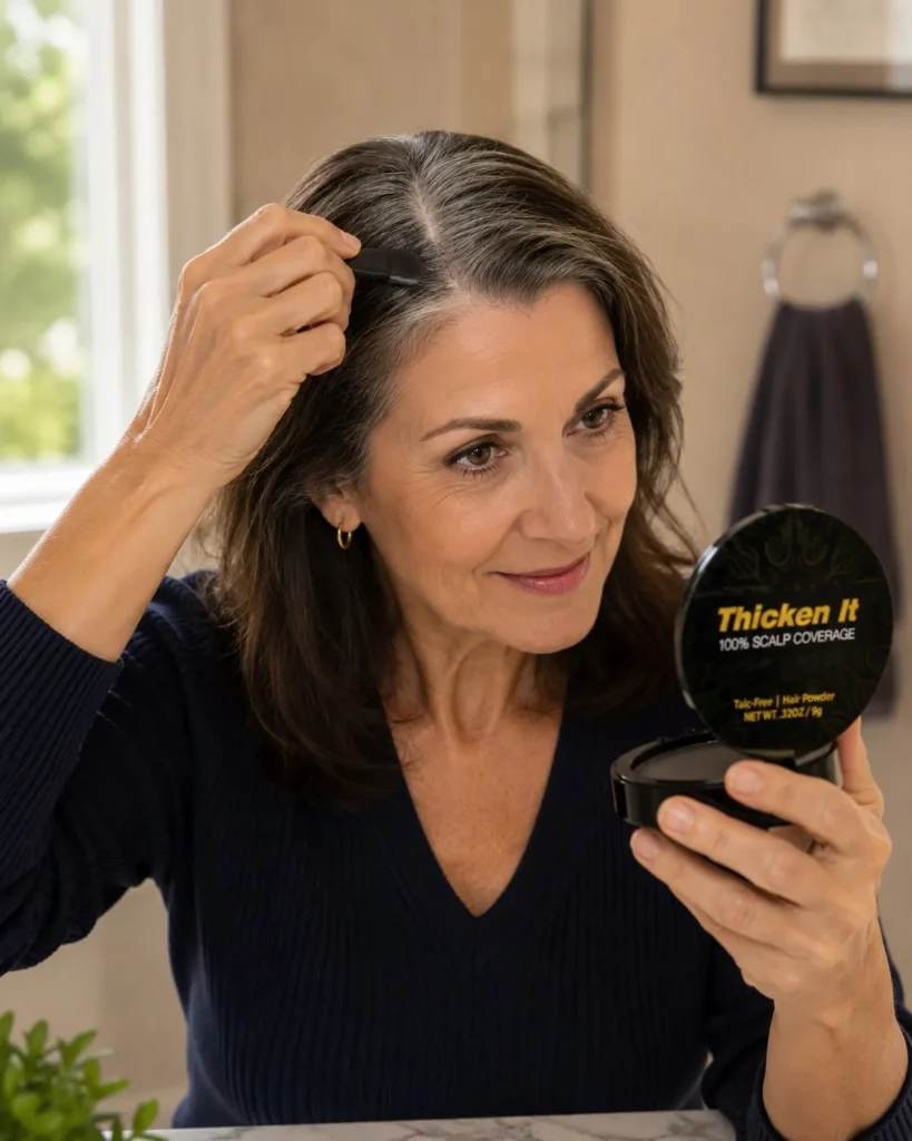 Even, natural-looking part after covering gray roots with talc-free scalp powder