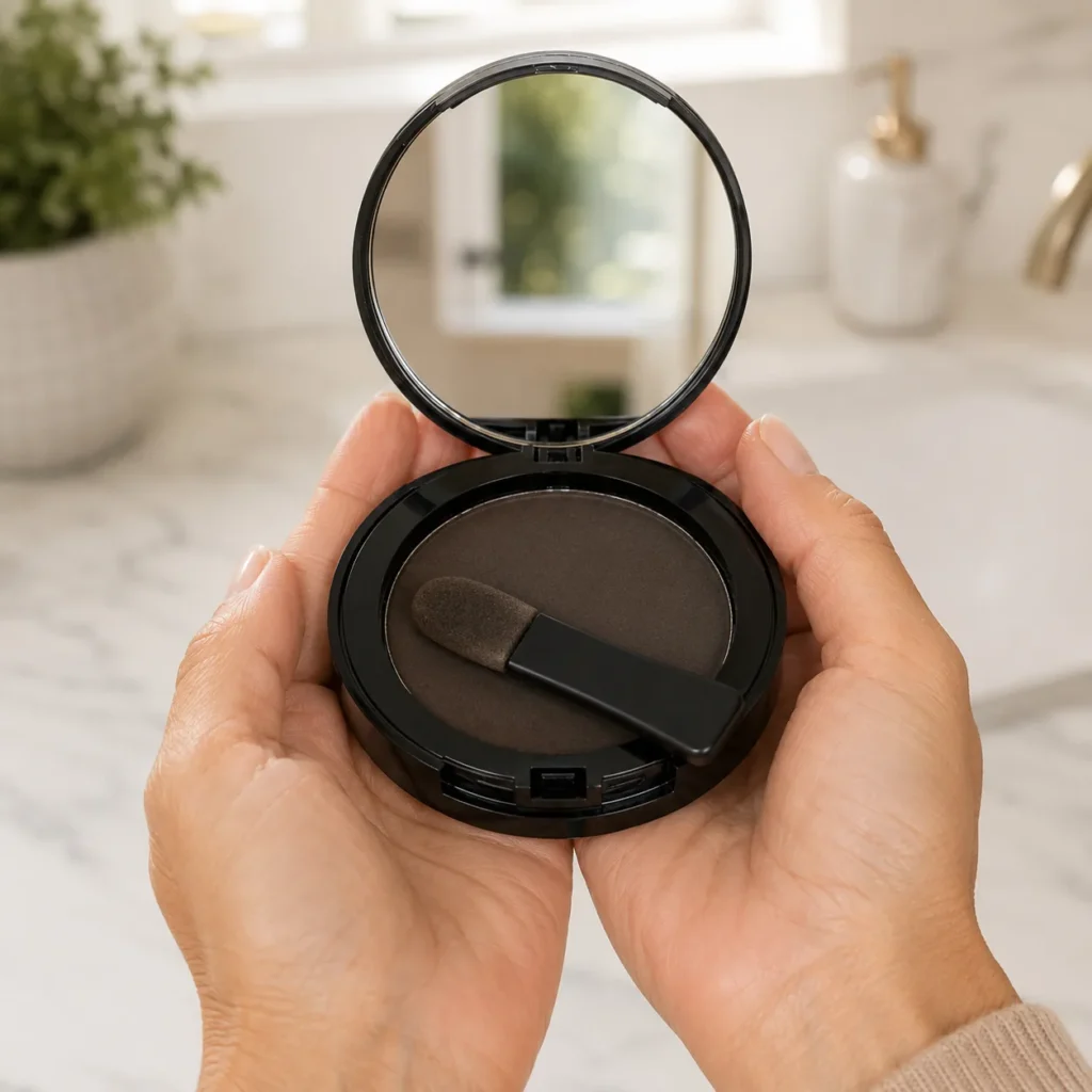 Open Thicken It compact with mirror and applicator, ready to match scalp powder shade to your hair