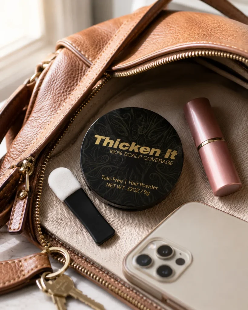 Talc free scalp coverage powder compact sized for a purse or work bag