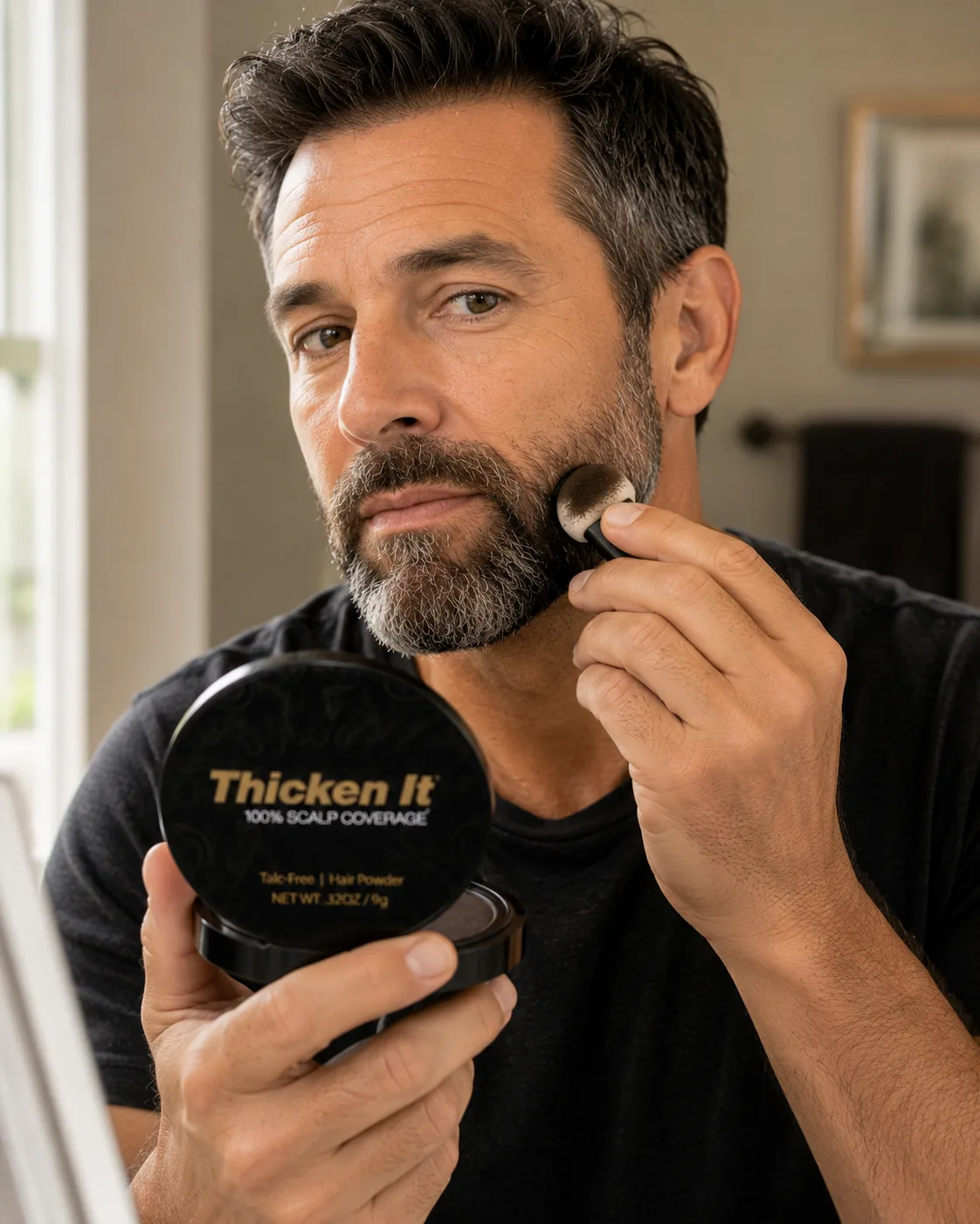 Pressing Thicken It powder into a graying mustache for quick gray mustache coverage