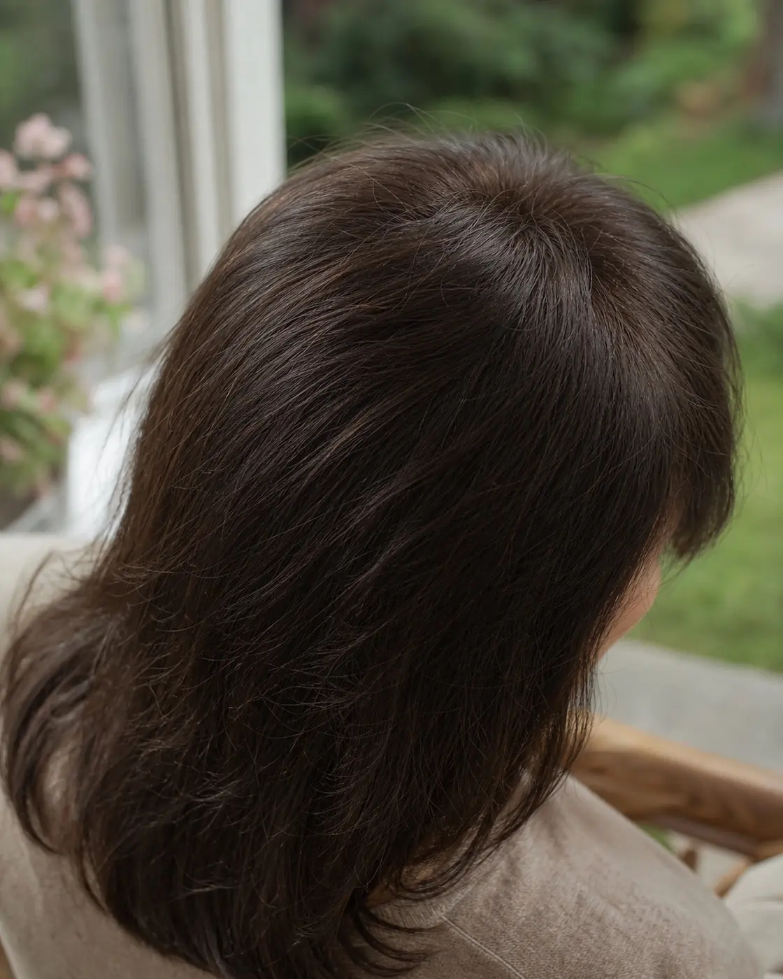 Close-up of crown coverage blended into surrounding hair for a natural, fuller-looking finish