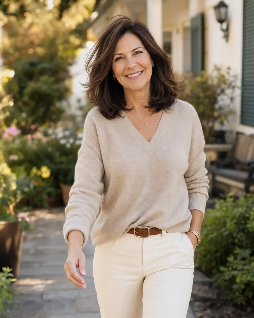 Confident woman with silver-gray hair smiling outdoors in soft daylight, scalp coverage looking natural and even
