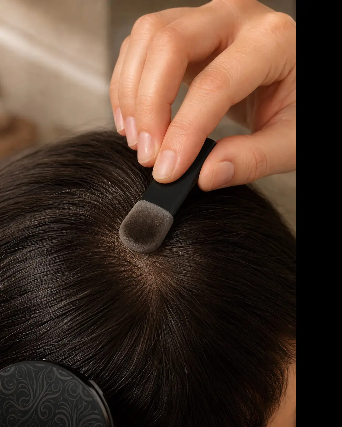 Close-up of the press-and-lift motion that keeps scalp coverage powder looking natural