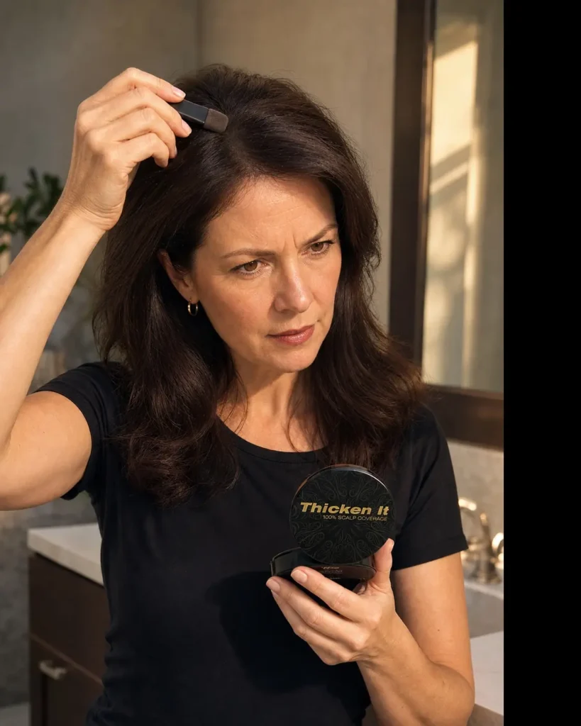 Woman avoiding common scalp powder application mistakes by pressing coverage into her crown in small layers