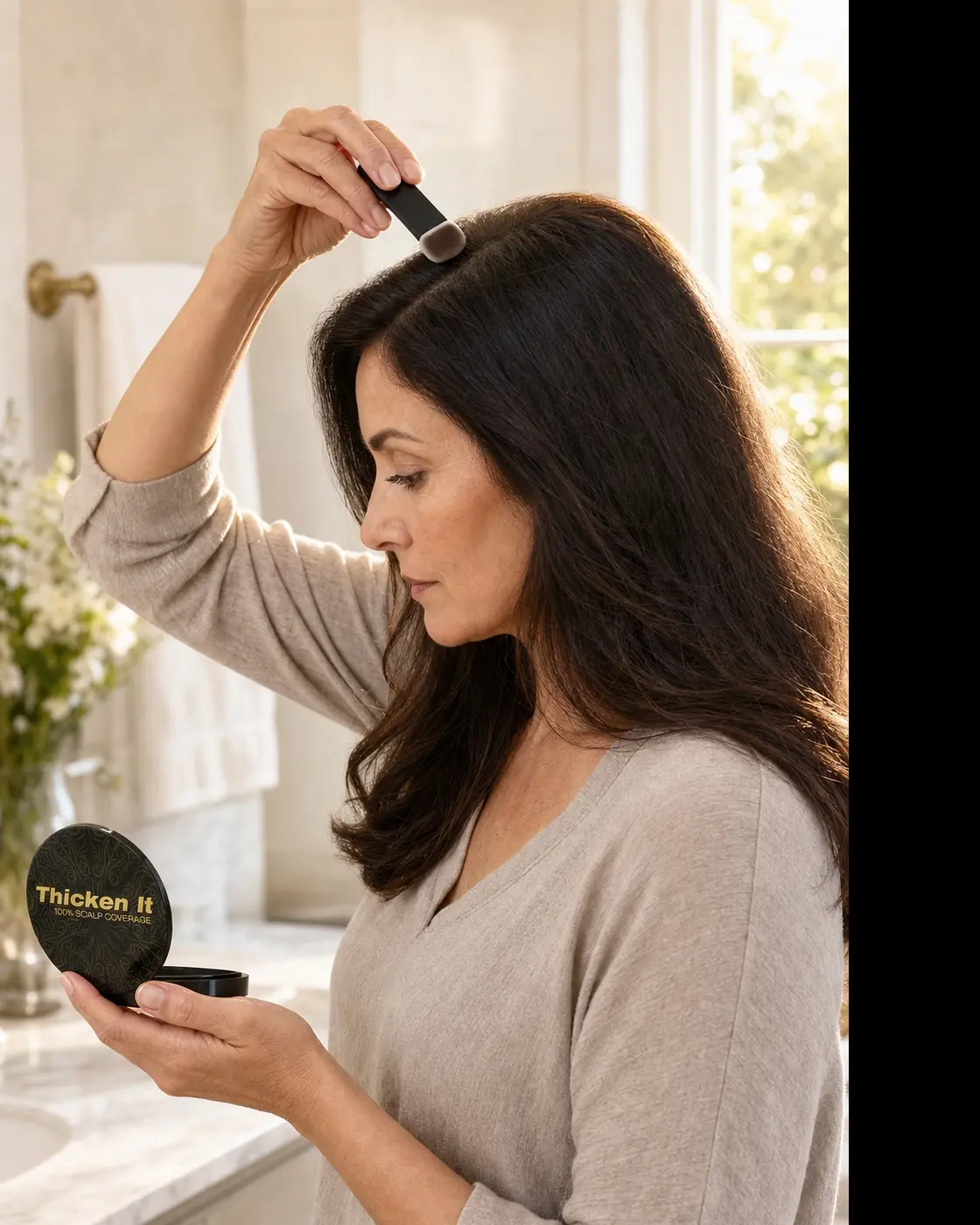 Side view of blended, natural-looking crown coverage checked from more than one angle