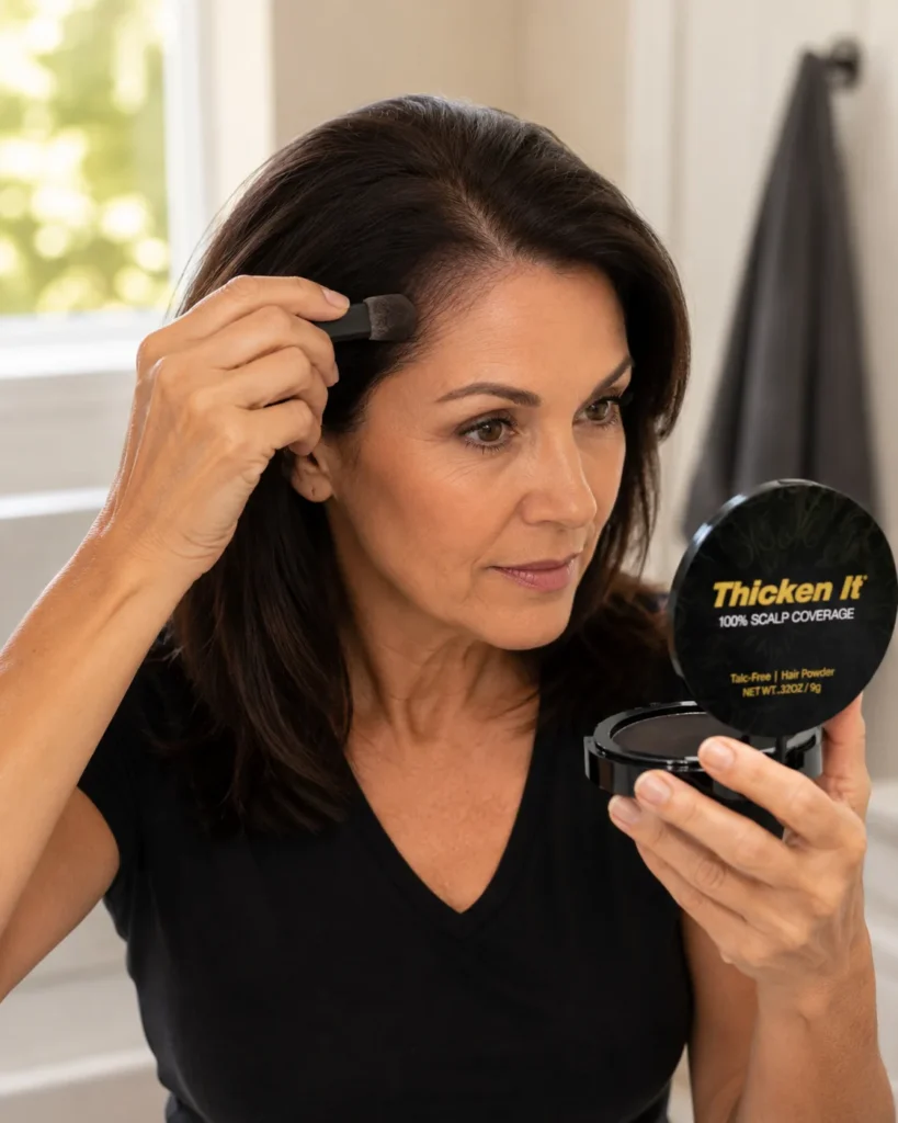 Comparing hair fibers vs hair powder: pressing Thicken It powder along a thinning hairline