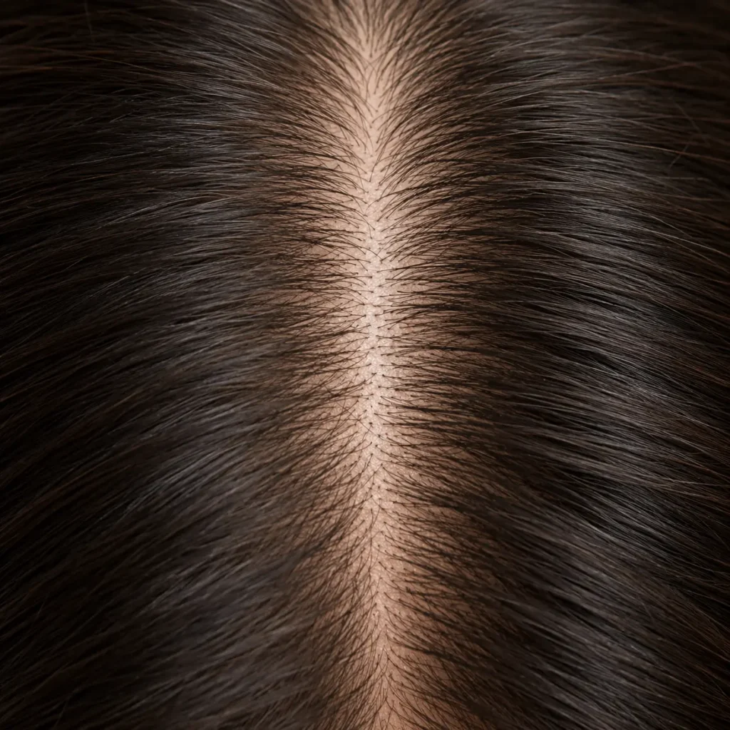Close-up of a woman's widening part line with scalp visibly showing through thinning hair