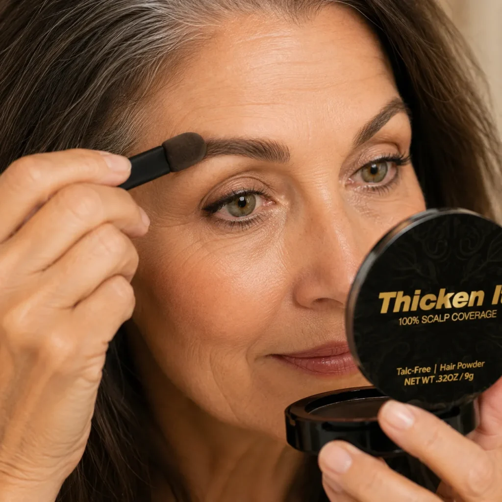 Woman filling in gray eyebrows with Thicken It hair powder for a fuller, defined brow