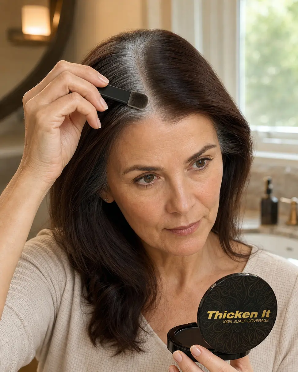 Close-up of gray root touch up using powder applicator along the hairline