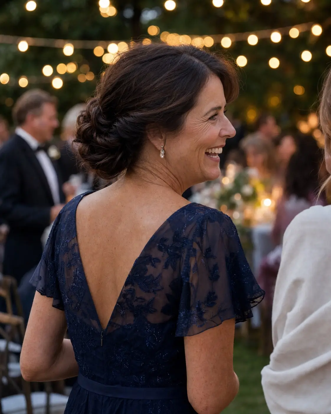 Polished updo with the hairline and temples softly filled in for an evening event