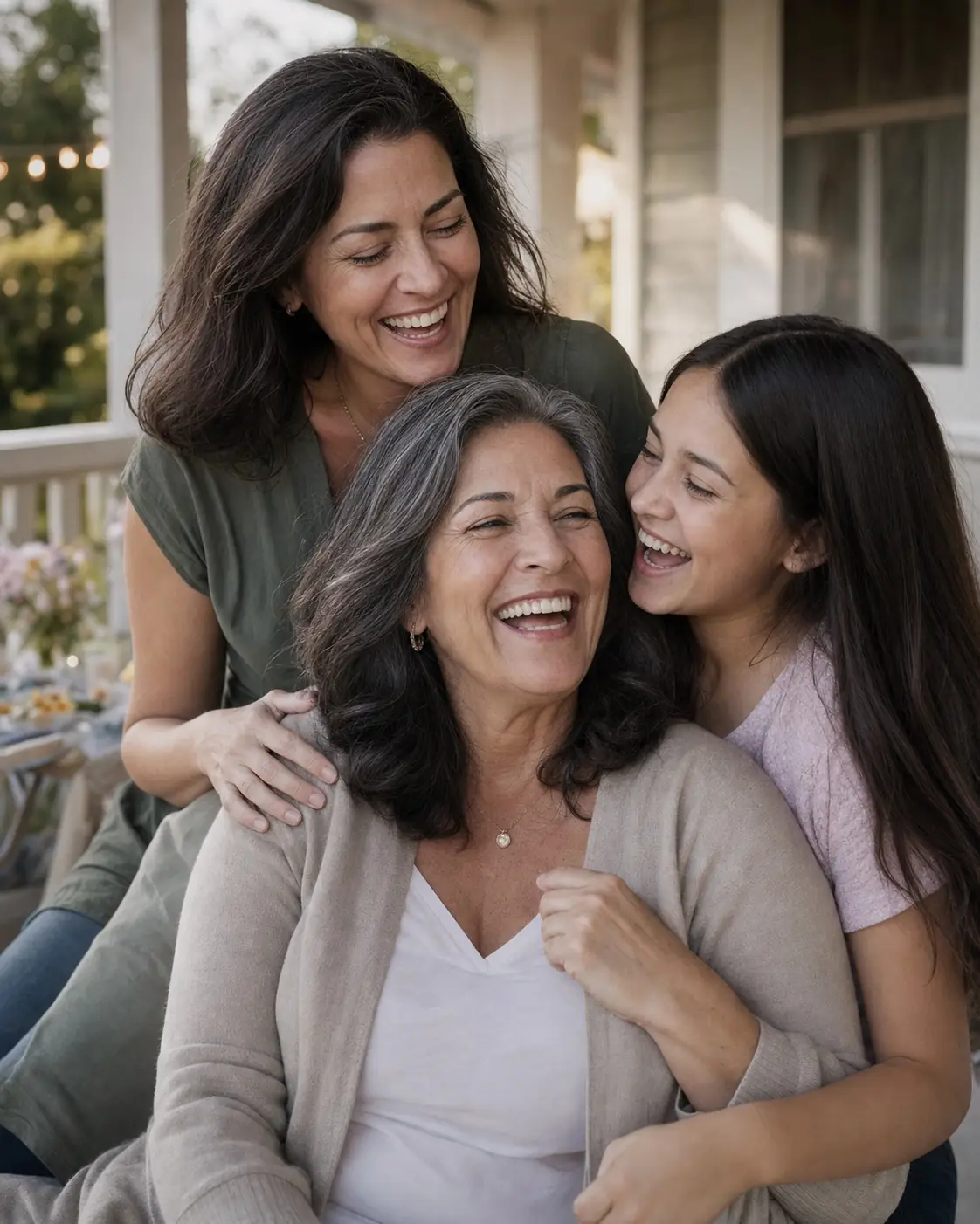 Three generations of women laughing together on a porch during a family reunion photo