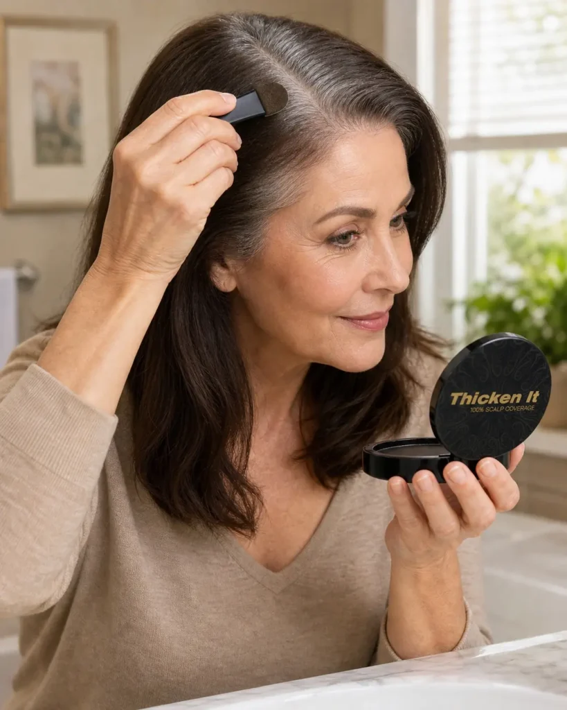 Woman pressing scalp coverage powder along her side part, showing what scalp powder does that dry shampoo cannot