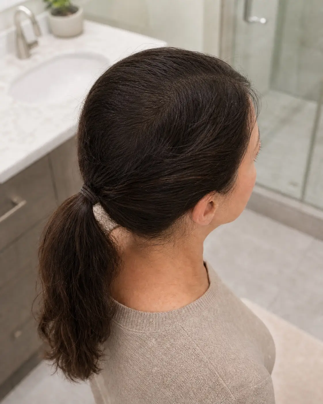 The same ponytail after scalp coverage powder fills in the part line for a fuller, even look