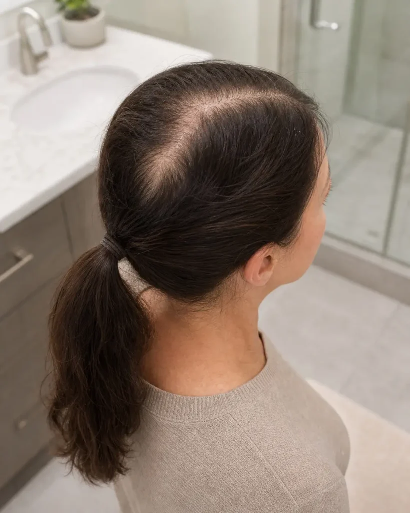 Pulled-back ponytail showing a widening part and visible scalp before ponytail thinning coverage