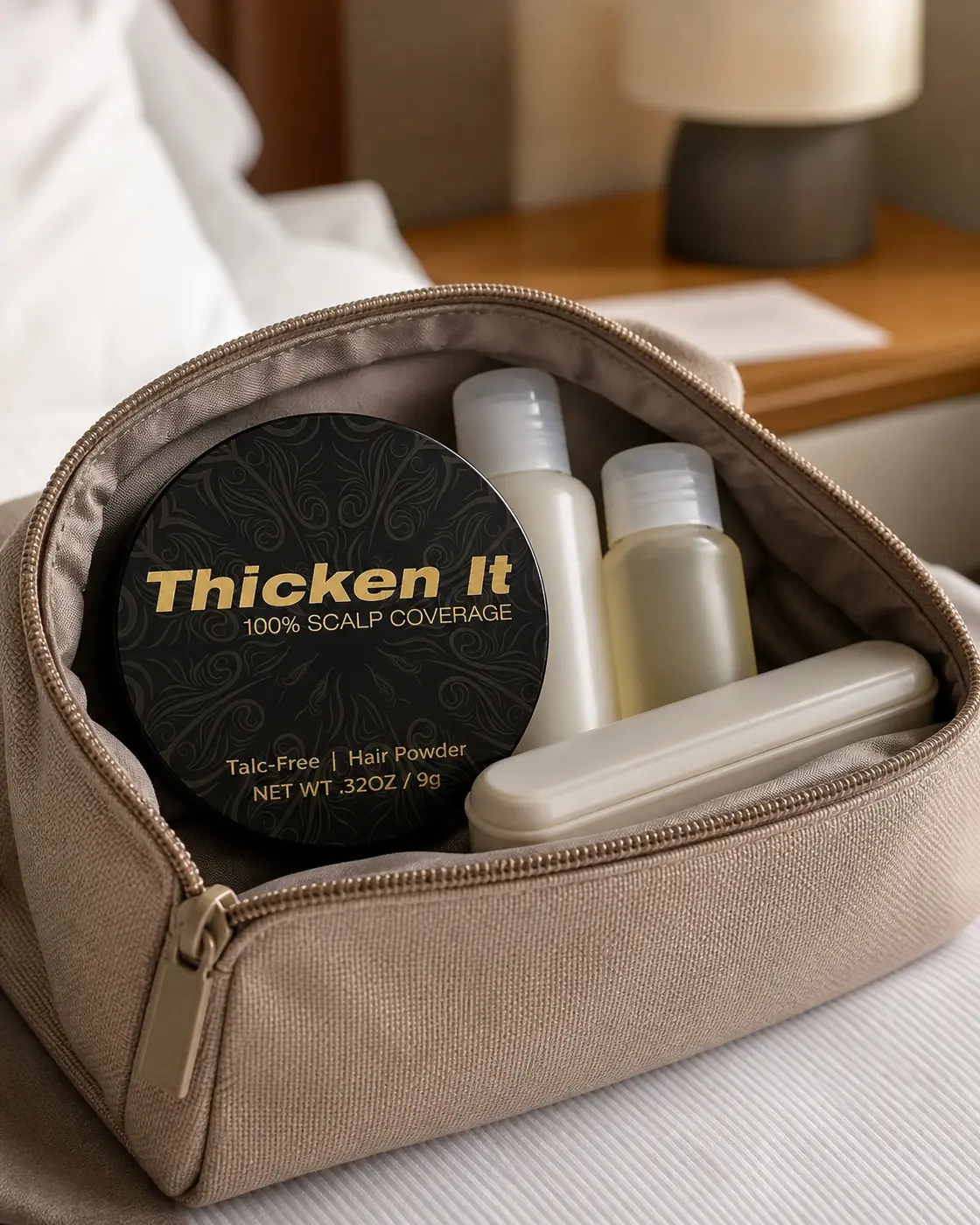 Thicken It compact tucked into a zippered travel pouch with toiletry bottles on a hotel nightstand