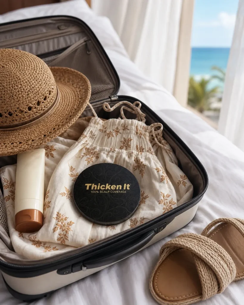 Thicken It travel hair powder compact packed in an open suitcase beside a sun hat and sandals