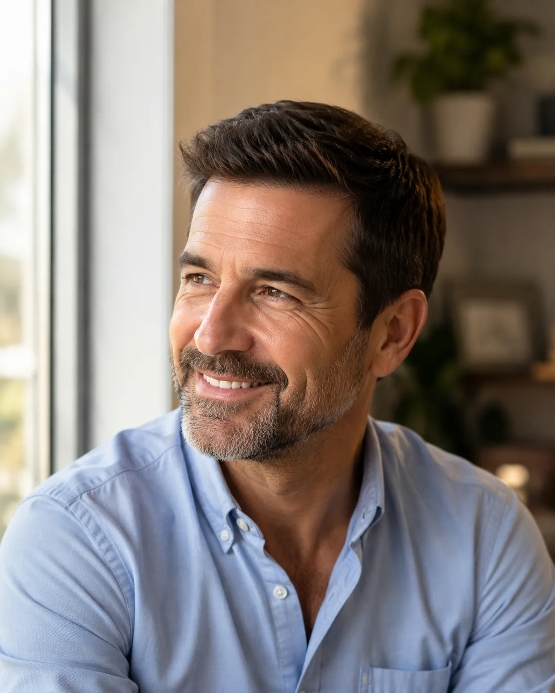 Man smiling confidently after covering gray in his mustache and sideburns