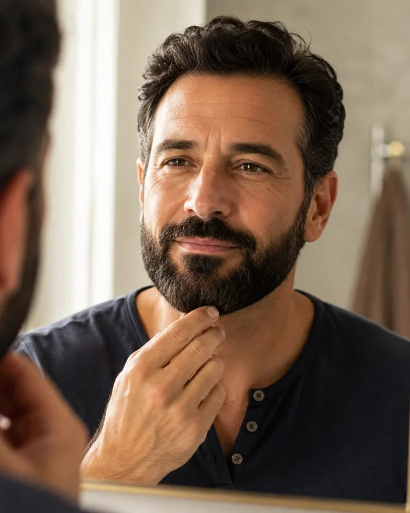 Dark Brown powder blended through a beard for even, natural-looking color coverage