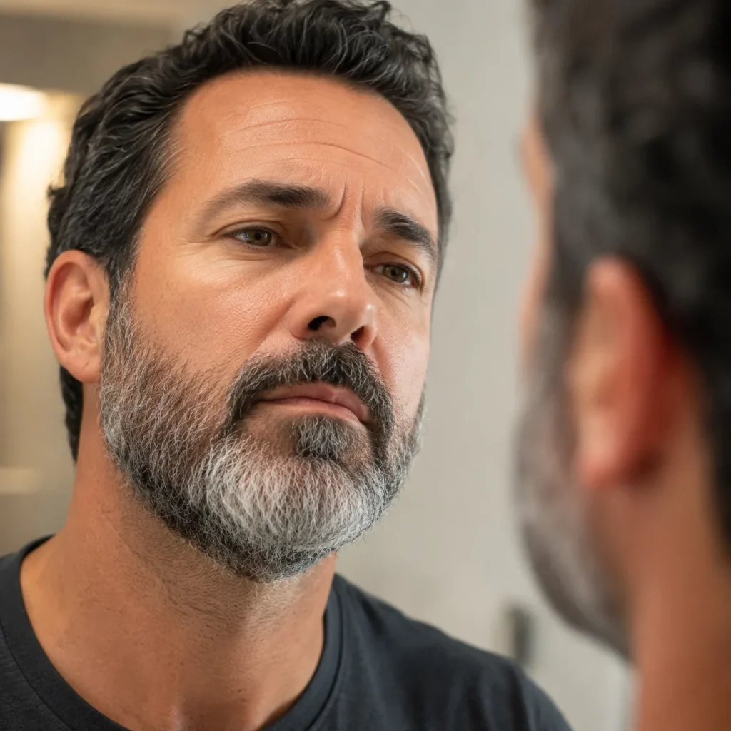 Salt-and-pepper mustache and sideburns before gray mustache coverage with Thicken It