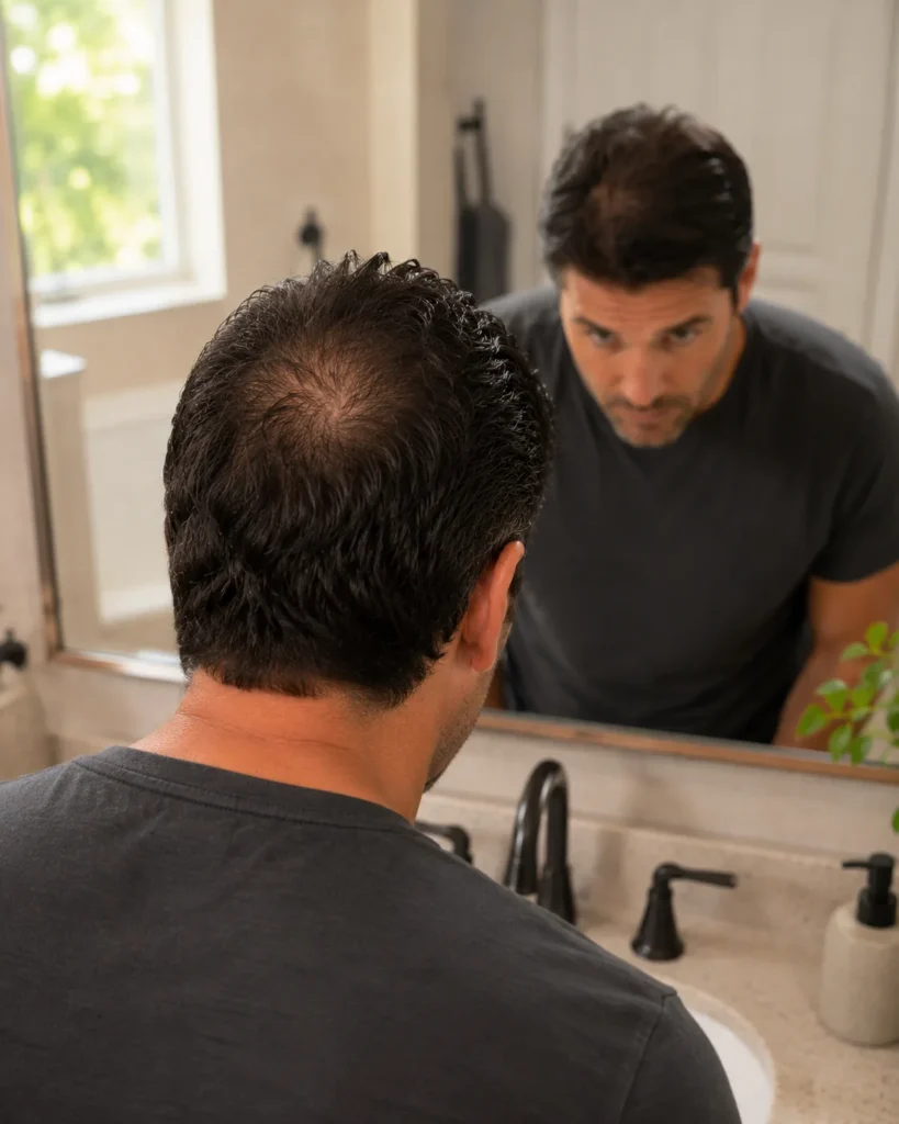 Man's thinning crown before applying powder to cover bald spots