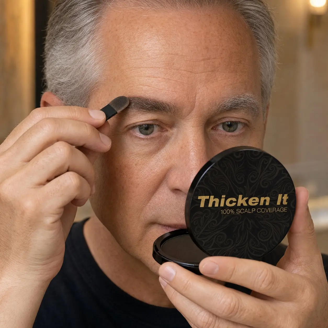 Man covering gray eyebrows with a quick press of Thicken It powder
