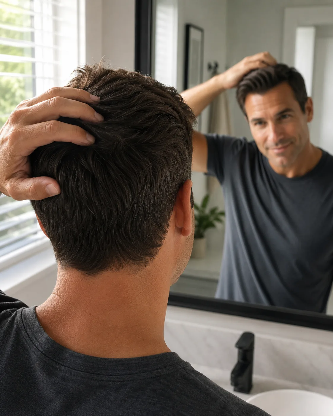 Man with a neat crown after using Thicken It powder to cover a cowlick at the part