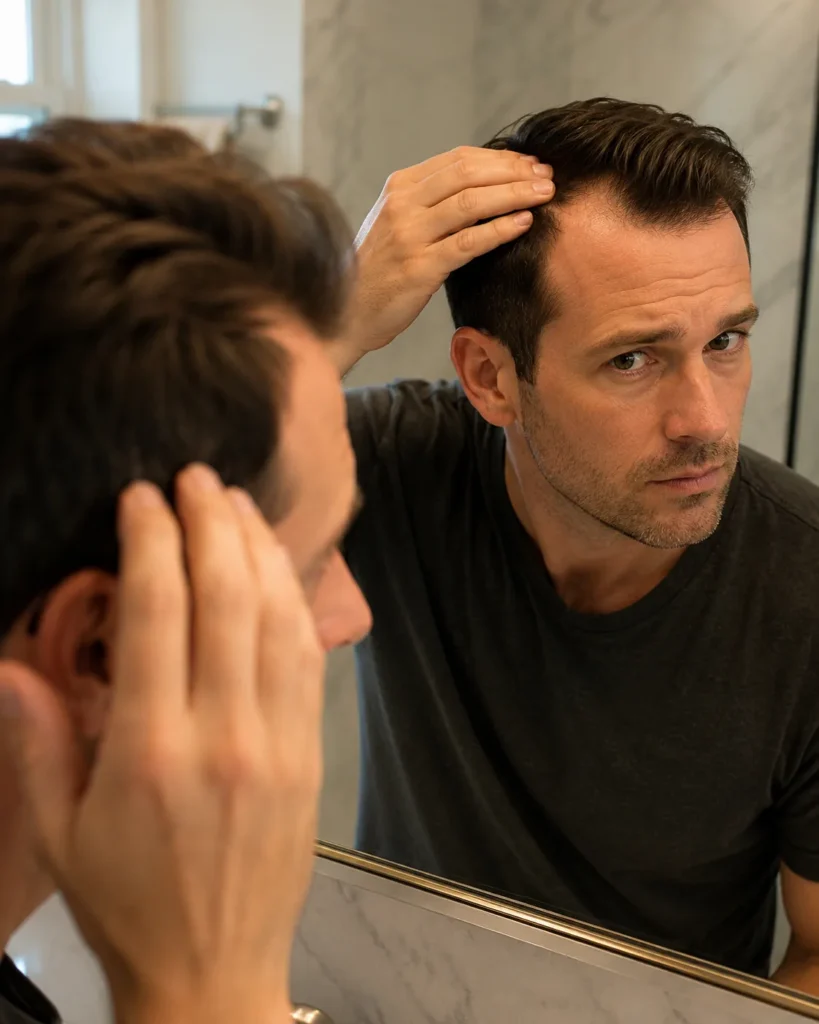 Man's thinning hairline before receding hairline coverage, showing scalp visible at the temples