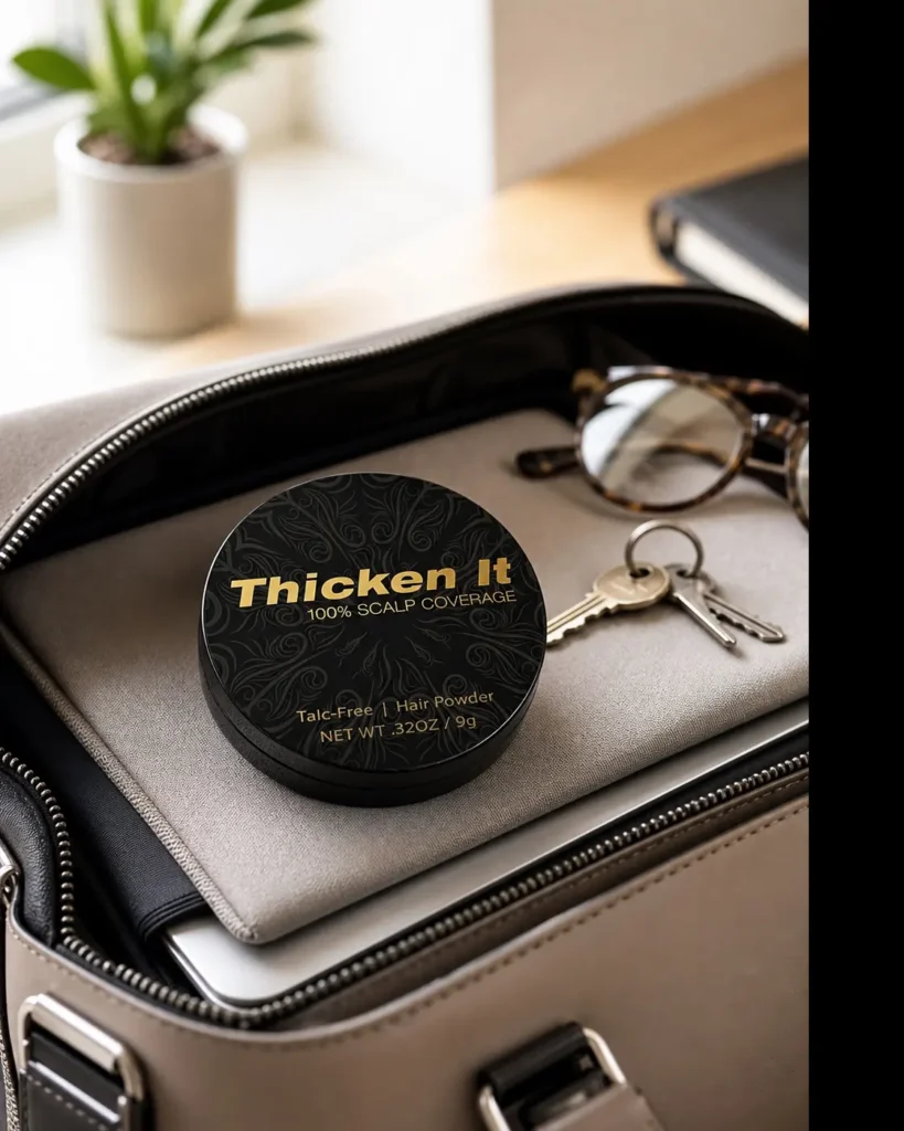 Thicken It compact resting on a laptop inside a work tote beside glasses and keys, ready for a quick desk touch-up